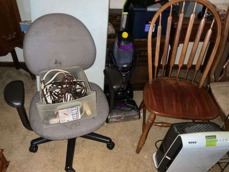 LARGE LOT OF CHAIRS, STANDS, BISSELL SWEEPER, ELECTRICAL CORDS