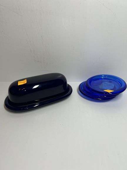 Cobalt Blue Butter Dish, (3) Candle Holder Trays