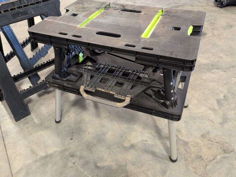 Keter collapsible work bench and (2) Task Force plastic saw horses