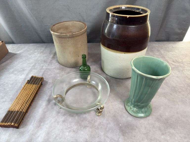 VINTAGE CROCKS, POTTERY VASE, MEASURE & more