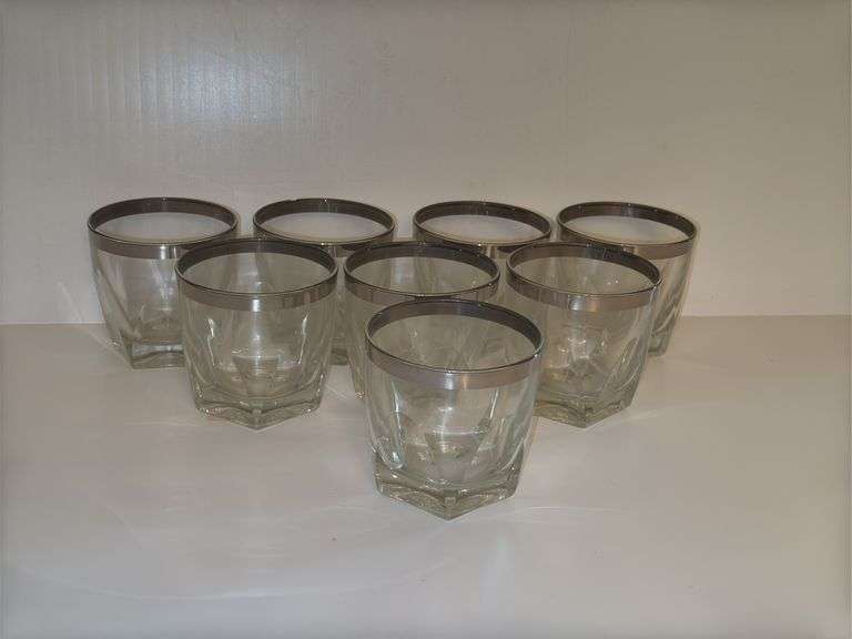 (8) MCM Vintage Silver Band Rim Double Rocks Whiskey Glasses