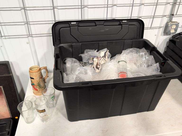 Tote with drinking glasses and cups - some with designs and logos
