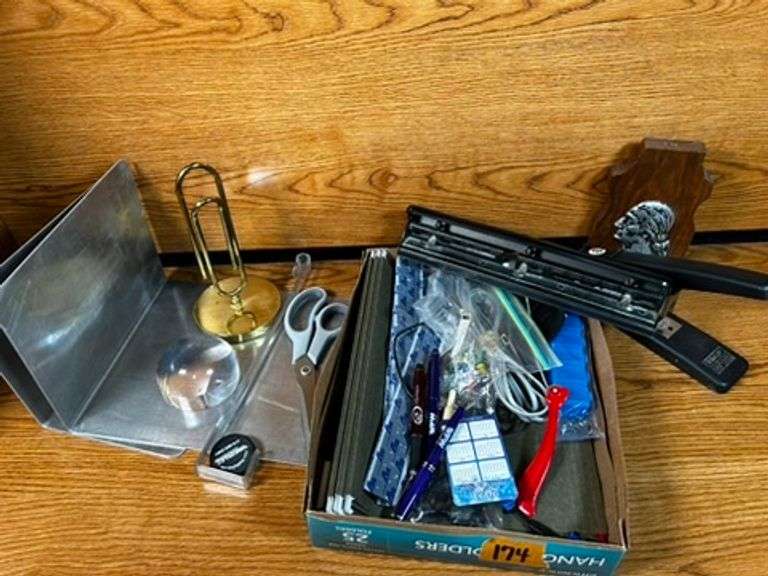 OFFICE ITEMS-  CORK BOARD, SCISSORS, STAPLER , BOOK ENDS & more
