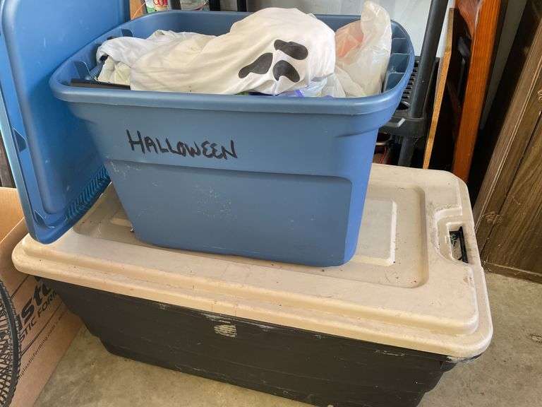 2 TOTES OF HALOWEEN DECOR AND A CHRISTMAS TREE