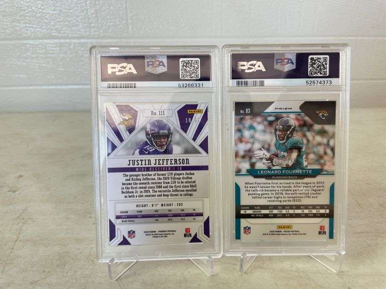 2019 Optic Josh Jacobs, 2020 Prizm Leonard Fournette, 2020 Phoenix Justin Jefferson, and 2020 Mosaic