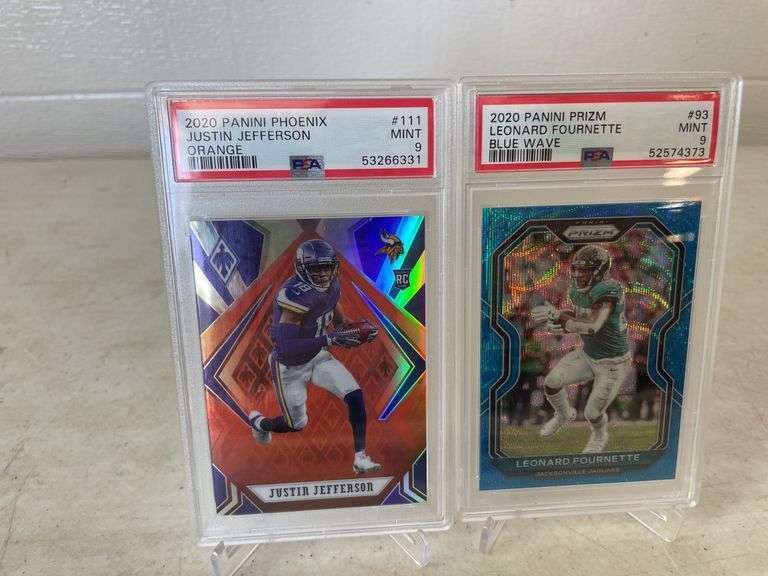 2019 Optic Josh Jacobs, 2020 Prizm Leonard Fournette, 2020 Phoenix Justin Jefferson, and 2020 Mosaic