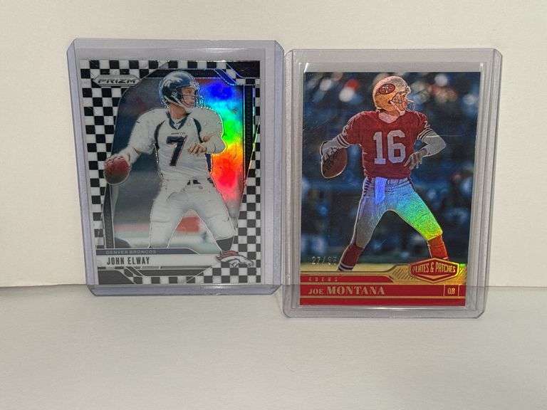 2023 Panini Plates and Patches Joe Montana Card (#’d 27/35) and 2024 Panini Prizm John Elway Checker