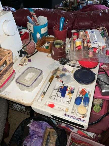 LARGE LOT OF SEWING SUPPLIES INCL. SINGER MACHINE, TABLE, OFFICE CHAIR