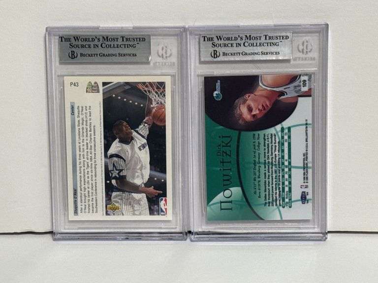 1992-93 UD McDonalds Shaquille O’Neal (BGS 9) and 1998-99 Fleer Brilliants Dirk Nowitzki RC (BGS 8.5