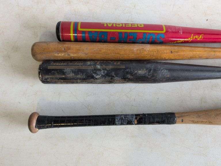 (2) wooden bats, metal bat, and plastic bat