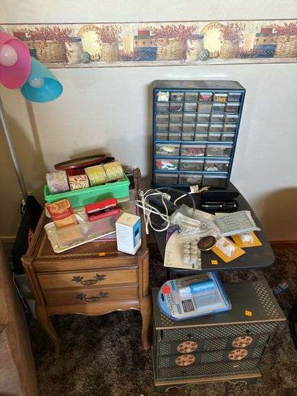 END TABLE, STANDS, CRAFT SUPPLIES, FLOOR LAMP