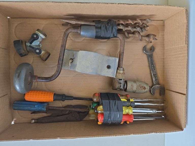 Ford wrench, hand drill, screwdrivers, misc tools