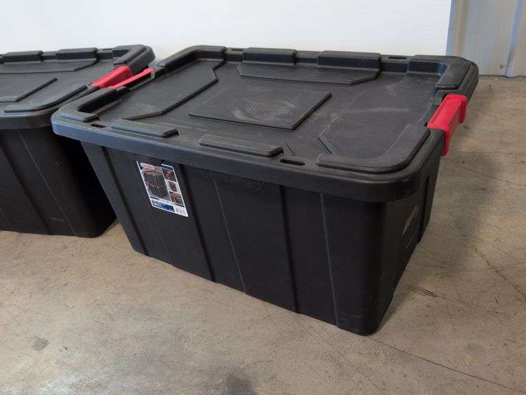 (2) black Sterilite industrial storage containers with red handles