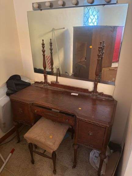VINTAGE DRESSER, SEAT AND MIRROR