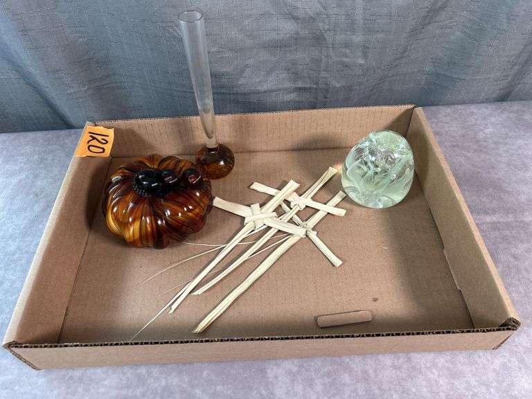 VINTAGE BUBBLE BUD VASE , HAND BLOWN GLASS PUMPKIN &  BUBBLE PAPERWEIGHT