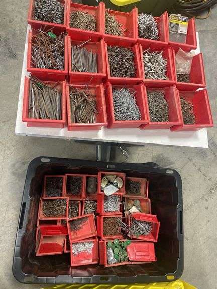 Tote of various nails in containers
