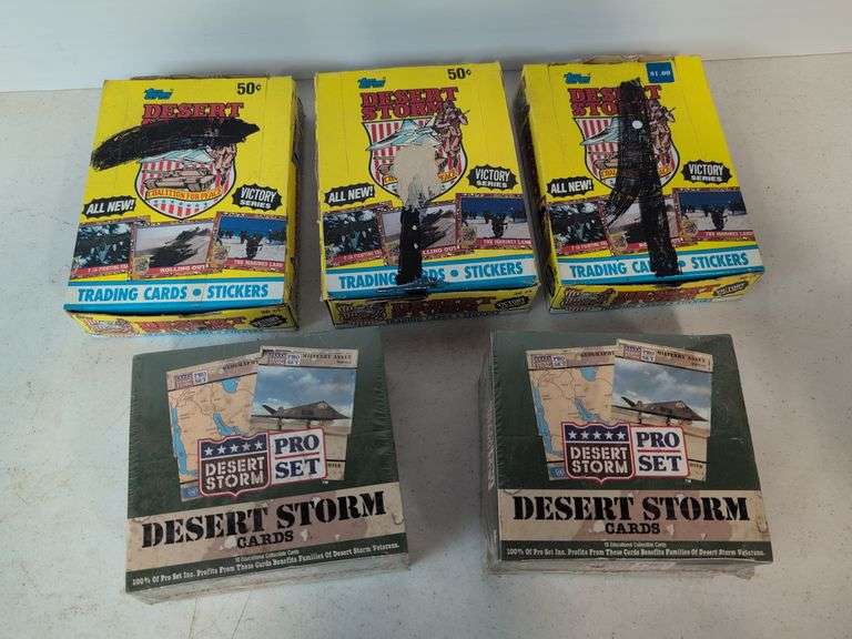 (5) Desert Storm trading card wax boxes- (2) factory sealed, and other Desert Storm cards and items
