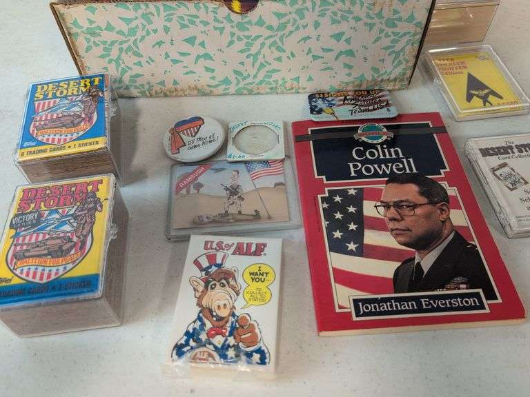 (5) Desert Storm trading card wax boxes- (2) factory sealed, and other Desert Storm cards and items