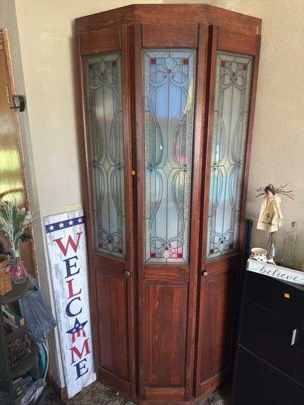 WOODEN AND STAINED GLASS TYPE CORNER CABINET 84" X 42"