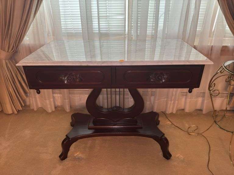 Victorian Style Italian Marble Top Mahogany Harp Lyre Console Table