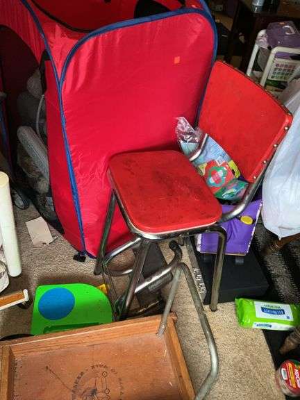 CHAIRS, ICE CHEST, STROLLER, AND BIN WITH TOYS