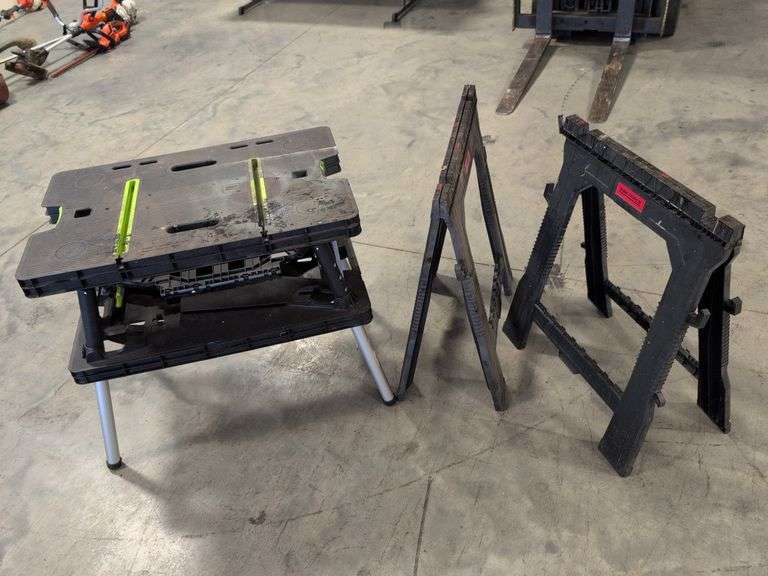 Keter collapsible work bench and (2) Task Force plastic saw horses