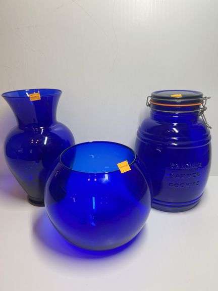 Cobalt Blue Vase and Marbles, Bowl, Cookie Jar