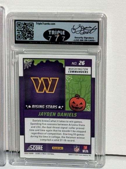 2024 Panini Score-A-Treat Jayden Daniels Green Bats RC (Mint 9) and 2024 Topps Now Jayden Daniels RC