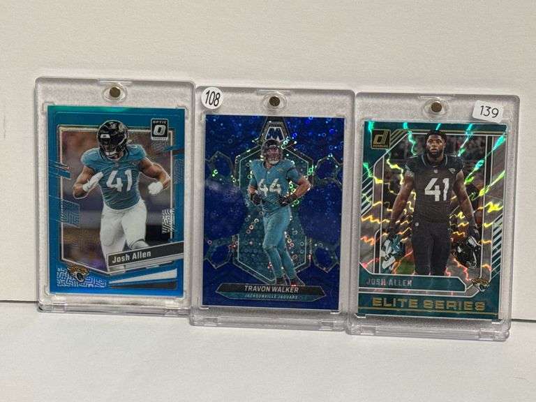 2024 Donruss Elite Series Josh Allen, 2023 Donruss Optic Josh Allen Aqua Refractor, and 2024 Panini