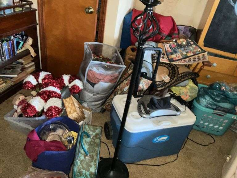 LARGE LOT OF COOLER, BAGS, MASSAGER, RUSTIC DECOR