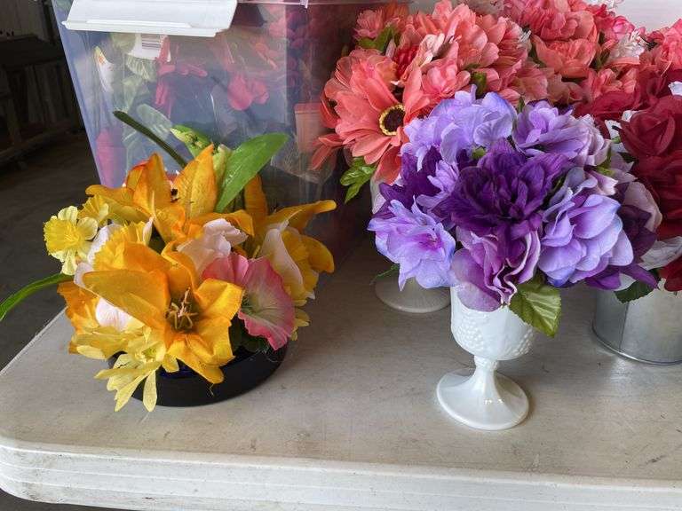 Large lot of faux flowers - some w/ vases