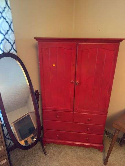 RED ARMOIRE AND MIRROR STAND