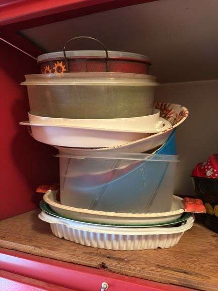 CONTENTS OF UPPER RED CABINETS INCL. CROCKPOT, VINTAGE MIXER, BOWLS ETC.