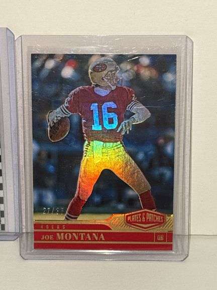 2023 Panini Plates and Patches Joe Montana Card (#’d 27/35) and 2024 Panini Prizm John Elway Checker