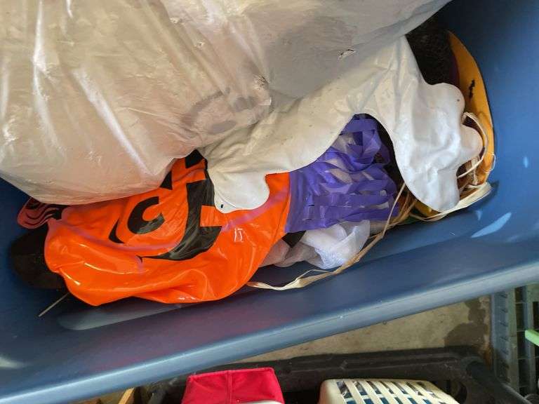 2 TOTES OF HALOWEEN DECOR AND A CHRISTMAS TREE