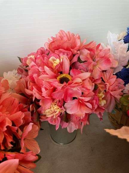 Large lot of faux flowers - some w/ vases