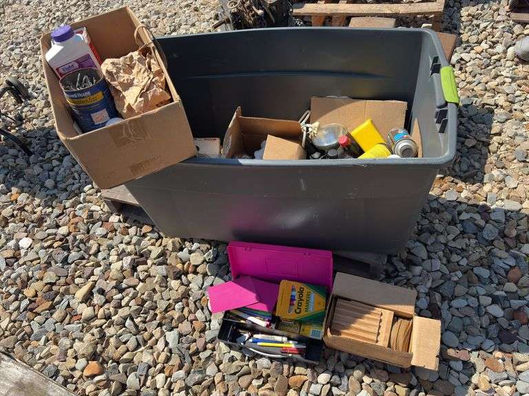 Tote of items including plumbing parts, oils, fasteners, sanding discs and more