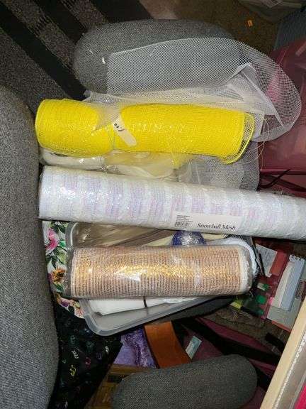 LARGE LOT OF SEWING SUPPLIES INCL. SINGER MACHINE, TABLE, OFFICE CHAIR