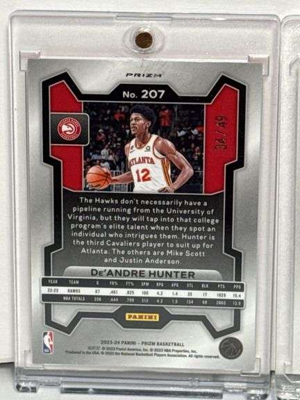 2021 Panini Prizm Scottie Barnes RC, 2023 Panini Prizm Orange Refractor De’Andre Hunter, and 2023 Pa
