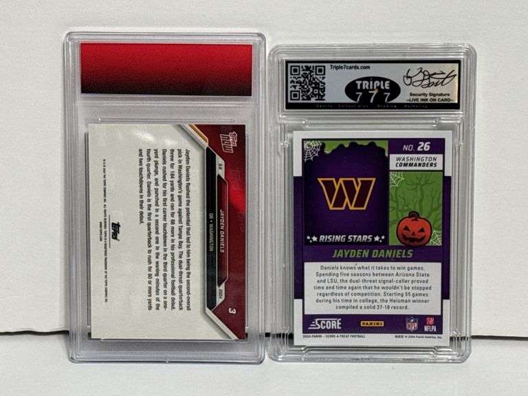 2024 Panini Score-A-Treat Jayden Daniels Green Bats RC (Mint 9) and 2024 Topps Now Jayden Daniels RC