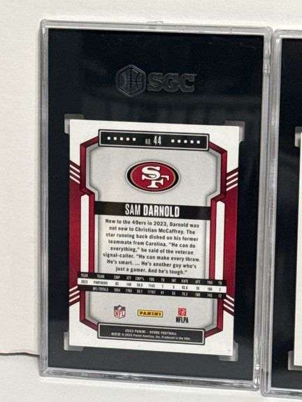 2019 Donruss Deebo Samuel Red Hot Rookies RC (SGC 10) and 2023 Panini Score Sam Darnold Red (SGC 9)