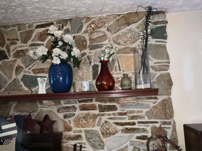 ALL ITEMS ON HEARTH AND MANTLE INCL. VASES AND CLOCK