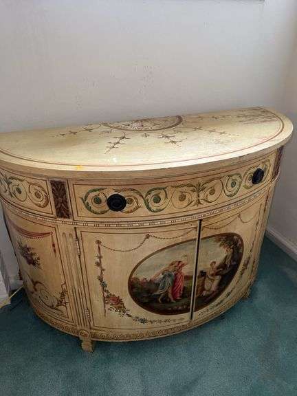 Antique Handpainted Demilune Adams Style Commode Cabinet