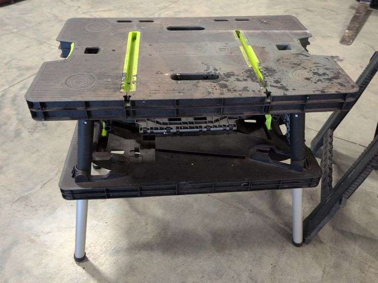 Keter collapsible work bench and (2) Task Force plastic saw horses