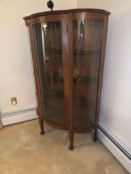 Vintage Unmarked Curved Glass Curio Cabinet