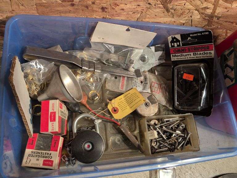 Miscellaneous tools and hardware - gas can, clamps, scythe, railroad nails, hacksaw blades, and more