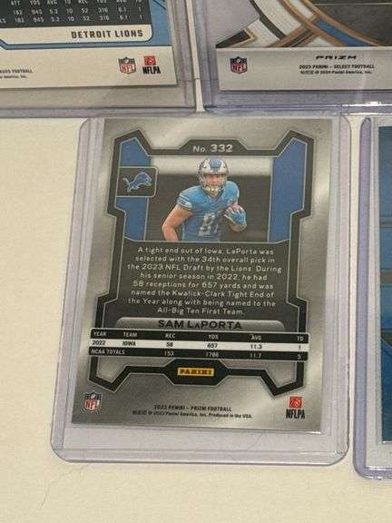 2023 Panini Select Jahmyr Gibbs RC, (2) 2023 Panini Prizm Sam LaPorta RC, (2) 2023 Panini Mosaic Sam