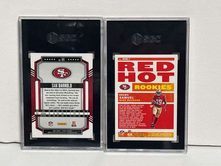 2019 Donruss Deebo Samuel Red Hot Rookies RC (SGC 10) and 2023 Panini Score Sam Darnold Red (SGC 9)