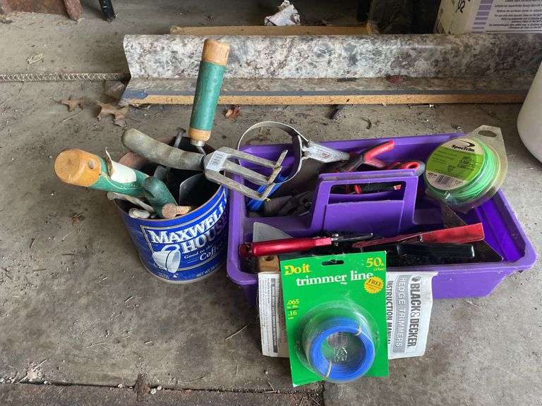 BASKET WITH FILTER WRENCH, PLIERS, WEED EATER STRING, GARDEN HANDTOOLS