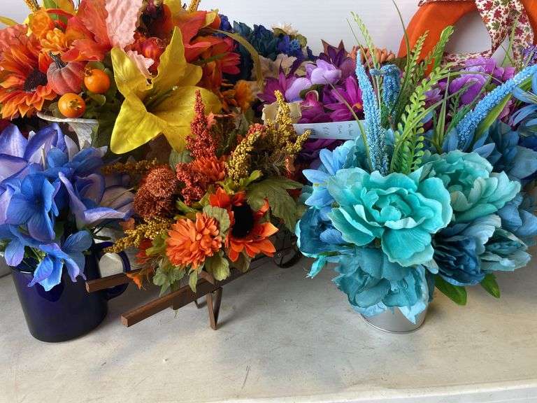 Large lot of faux flowers - some w/ vases